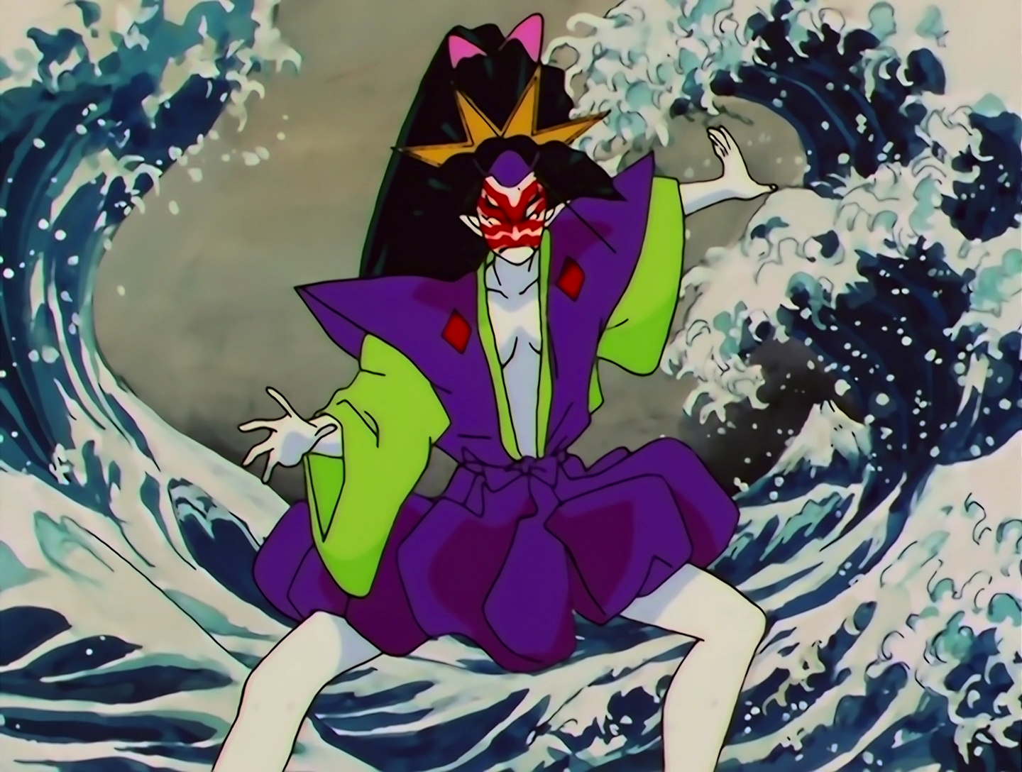 Mizugeiko again, but now she’s posing with imagery resembling The Great Wave Off Kanagawa behind her, with her kimono bunched up around her legs, and wearing sujiguma kabuki makeup, which is very male-coded.